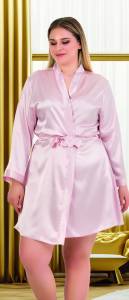 Pudra Pembe Bride İşlemeli Saten Büyük Beden Sabahlık - Thumbnail