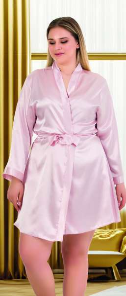 Pudra Pembe Bride İşlemeli Saten Büyük Beden Sabahlık