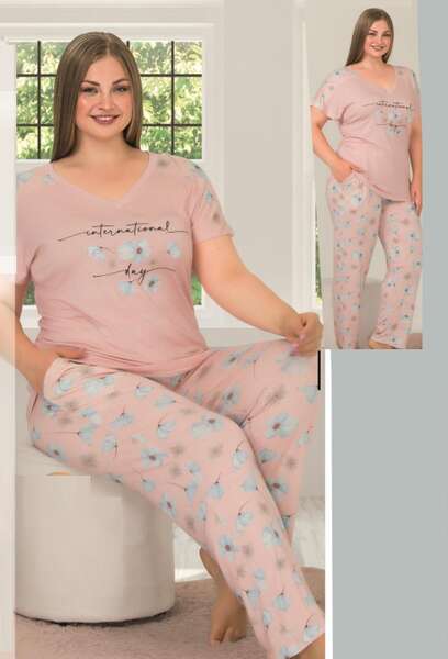 Pudra Pembe Çiçekli Kısa Kollu Büyük Beden Pijama Takımı