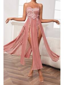 Pudra Pembe Dantelli Uzun Tül Fantezi Gecelik - Thumbnail