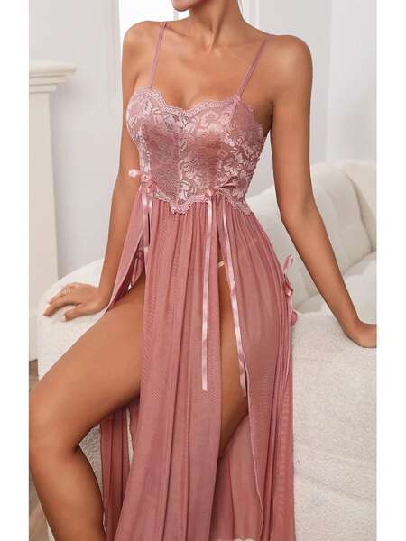 Pudra Pembe Dantelli Uzun Tül Fantezi Gecelik