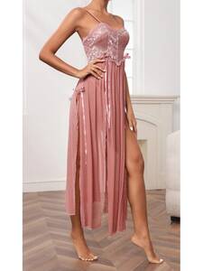 Pudra Pembe Dantelli Uzun Tül Fantezi Gecelik - Thumbnail