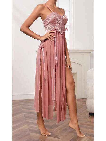 Pudra Pembe Dantelli Uzun Tül Fantezi Gecelik