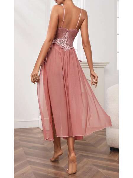 Pudra Pembe Dantelli Uzun Tül Fantezi Gecelik