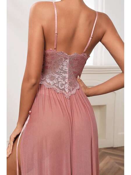Pudra Pembe Dantelli Uzun Tül Fantezi Gecelik