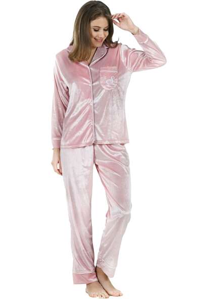 Pudra Pembe Kadife Kadın Pijama Takım