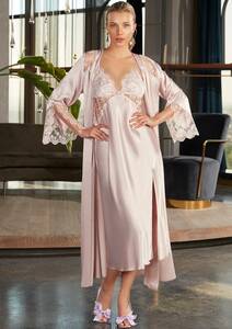 Nurteks - Pudra Pembe Saten Dantelli Gecelik ve Sabahlık Takım