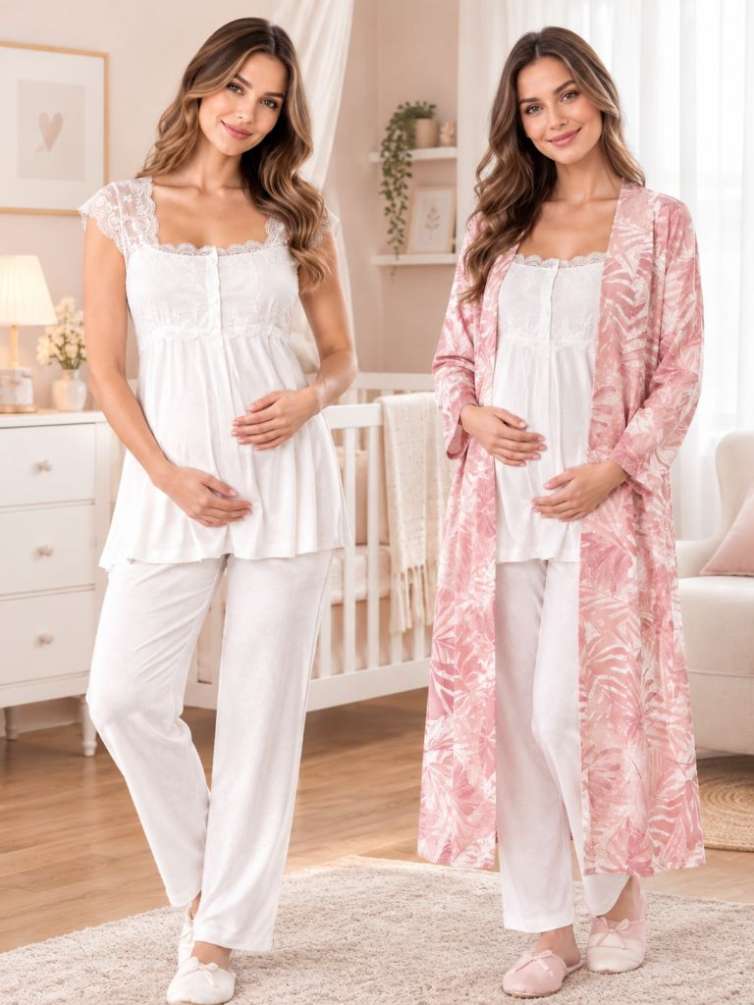 Pudra/Ekru Desenli Sabahlıklı Hamile Lohusa Pijama Takımı
