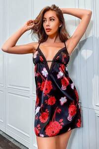 Satan Çiçek Desenli Gecelik - Thumbnail