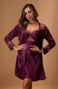 Nurteks - Saten Dantelli Gecelik ve Sabahlık Takım