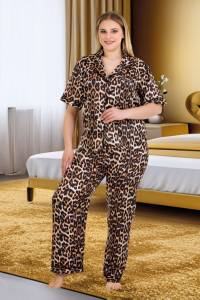 Saten Leopar Desenli Büyük Beden Pijama Takımı - Thumbnail