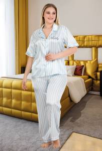 Lady - Saten Mavi Çizgili Büyük Beden Pijama Takımı