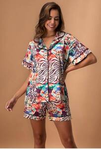 Nurteks - Saten Önden Düğmeli Kısa Kollu Şort Takım