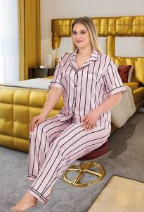 Lady - Saten Pembe Çizgili Kısa Kollu Büyük Beden Pijama Takımı (1)