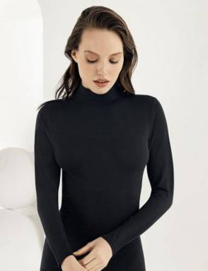 Q-EN - Siyah Bambu Balıkçı Yaka Uzun Kollu Body Atlet