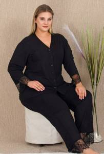Lady - Siyah Büyük Beden Battal Dantelli Pijama Takımı