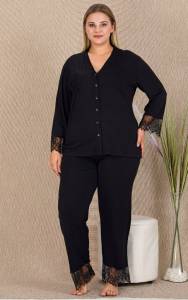 Lady - Siyah Büyük Beden Battal Dantelli Pijama Takımı (1)