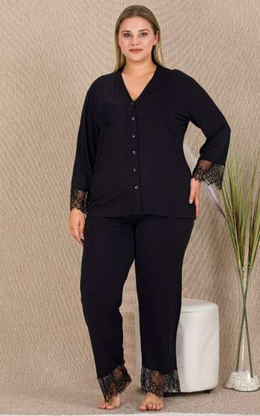Siyah Büyük Beden Battal Dantelli Pijama Takımı