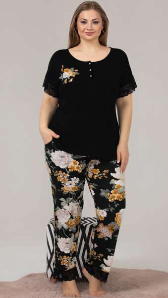 Lady - Siyah Büyük Beden Çiçekli Pijama Takımı (1)