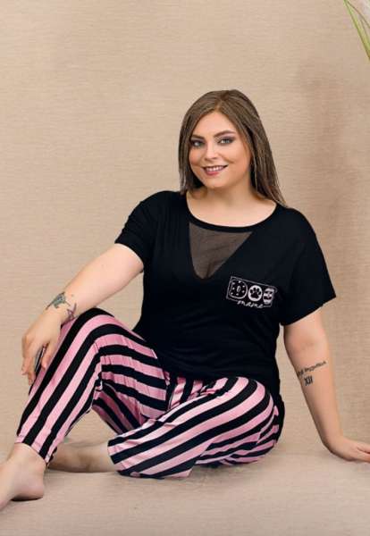 Siyah Büyük Beden Çizgili Kısa Kollu Kapri Pijama Takımı