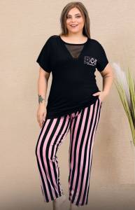 Lady - Siyah Büyük Beden Çizgili Kısa Kollu Kapri Pijama Takımı