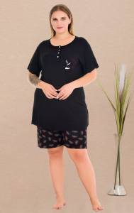 Lady - Siyah Büyük Beden Desenli Şort Takımı (1)