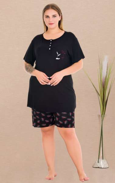 Siyah Büyük Beden Desenli Şort Takımı