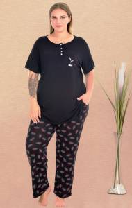 Lady - Siyah Büyük Beden Kısa Kollu Desenli Pijama Takımı (1)
