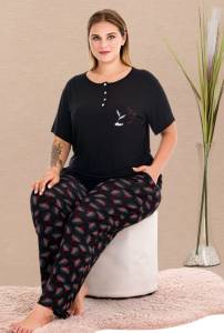 Lady - Siyah Büyük Beden Kısa Kollu Desenli Pijama Takımı