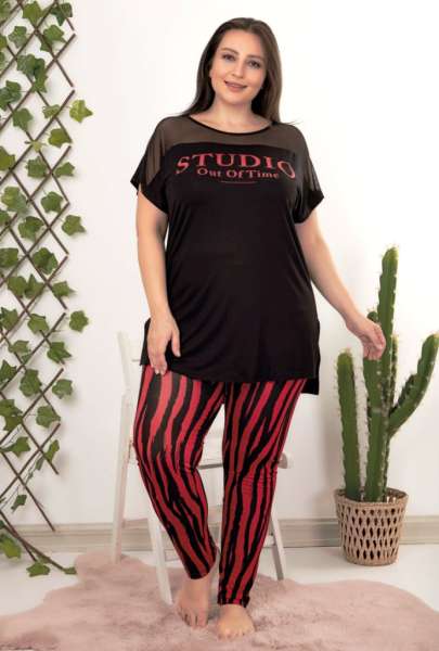 Siyah Büyük Beden Kısa Kollu Zebra Desenli Pijama Takımı