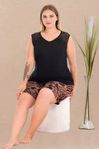 Lady - Siyah Büyük Beden Kolsuz V Yaka Şort Takım