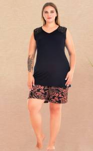 Lady - Siyah Büyük Beden Kolsuz V Yaka Şort Takım (1)