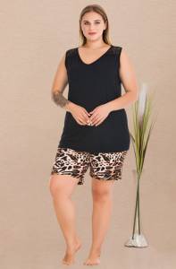 Lady - Siyah Büyük Beden Leopar Desenli Şort Takımı (1)