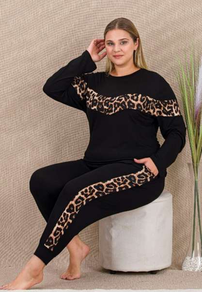 Siyah Büyük Beden Uzun Kollu Leopar Desenli Pijama Takımı