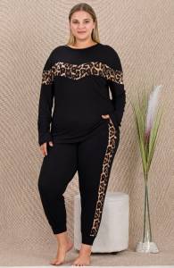 Siyah Büyük Beden Uzun Kollu Leopar Desenli Pijama Takımı - Thumbnail