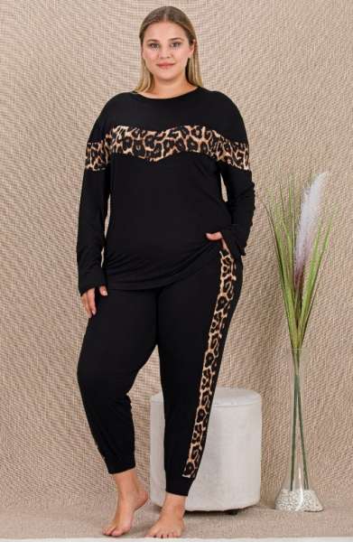 Siyah Büyük Beden Uzun Kollu Leopar Desenli Pijama Takımı