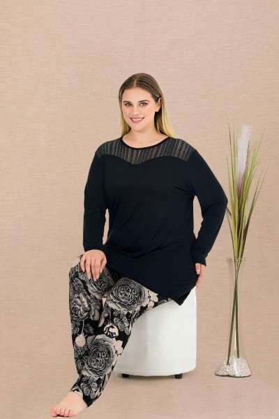 Siyah Büyük Beden Uzun Kollu Uzun Tunikli Pijama Takımı