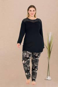 Lady - Siyah Büyük Beden Uzun Kollu Uzun Tunikli Pijama Takımı (1)