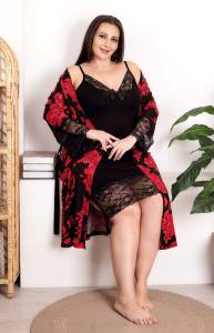 Lady - Siyah Çiçek Desenli Askılı Büyük Beden Sabahlıklı Gecelik Takımı, Anne Gecelik