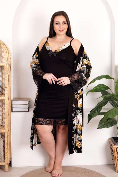 Siyah Çiçek Desenli Viskon Büyük Beden Sabahlıklı Gecelik Takımı