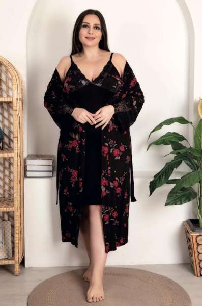 Siyah Çiçek Desenli Viskon Kumaş Lüks Gecelik Sabahlık Takımı