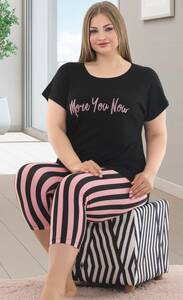 Lady - Siyah Çizgili Büyük Beden Kapri Pijama Takımı
