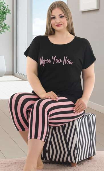 Lady - Siyah Çizgili Büyük Beden Kapri Pijama Takımı