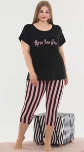 Lady - Siyah Çizgili Büyük Beden Kapri Pijama Takımı (1)