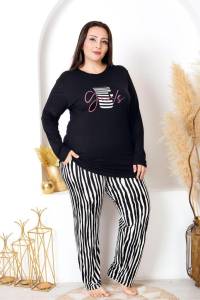 Lady - Siyah Çizgili Uzun Kollu Büyük Beden Pijama Takımı