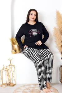 Lady - Siyah Çizgili Uzun Kollu Büyük Beden Pijama Takımı (1)