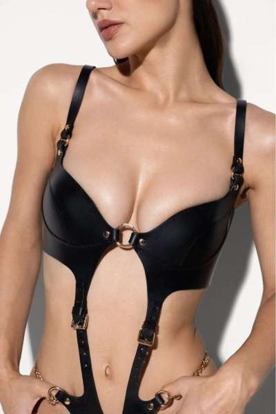 Siyah Deri Fantezi Harness Zincirli Mayokini Body