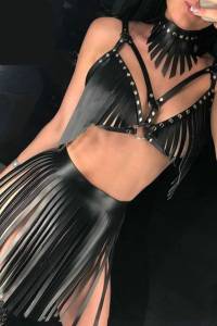 by İGP - Siyah Deri Püsküllü Sütyen, Etek ve Boyunluk Takım