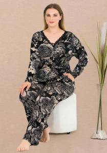 Lady - Siyah Desenli Önden Düğmeli Büyük Beden Pijama Takımı