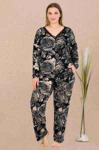 Lady - Siyah Desenli Önden Düğmeli Büyük Beden Pijama Takımı (1)